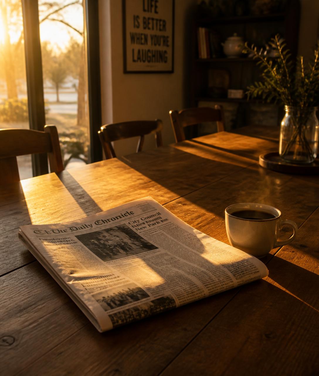 Open krant en koffiekop op een houten tafel in warm avondlicht